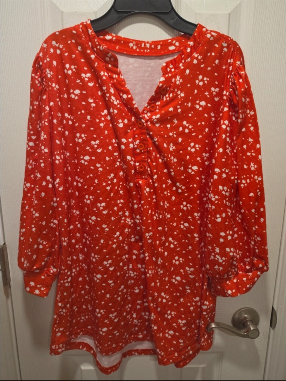 Amazon Red White Speckled Henley Tunic Blouse